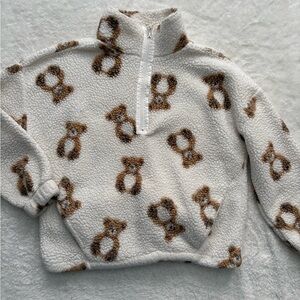 No Boundaries Cream and Brown Teddy Bear Quarter Zip Sherpa Jacket